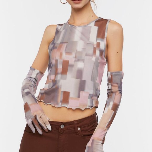 💥3/$15💥 NWT Forever 21 Womens Abstract Mesh Crop Top & Gloves Set - Size Small - Picture 13 of 13